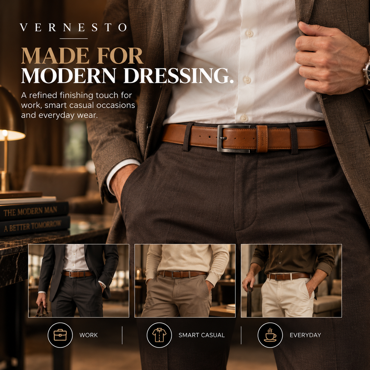 VERNESTO® Cognac Brown Men’s Belt – Refined Business & Everyday Style
