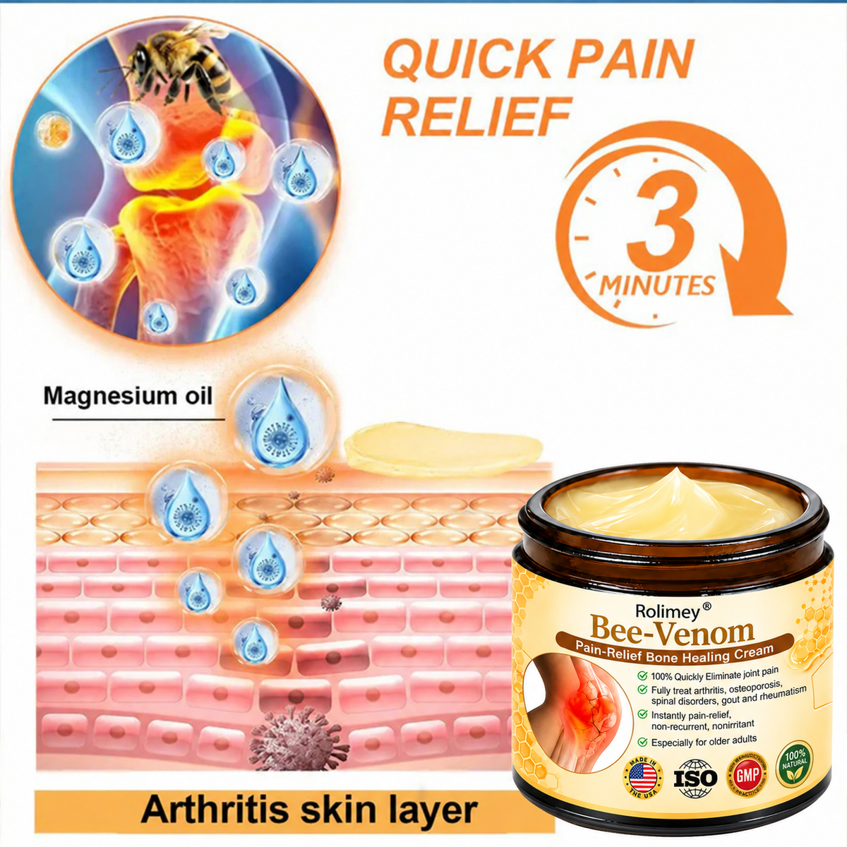 🌟👨‍⚕️🦴Official Shop:Rolimey® Bee Venom Pain Relief Bone Healing Cream 👨‍⚕️(Reduction of joint swelling, pain, stiffness, redness, heat, muscle soreness and joint fatigue)