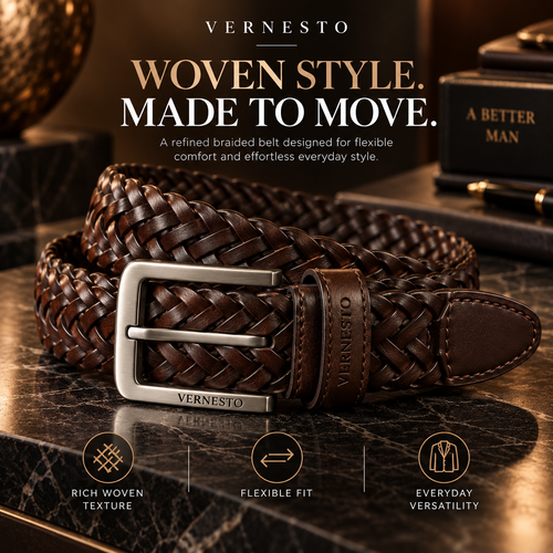 VERNESTO® Woven Brown Men’s Belt – Flexible Fit & Timeless Style