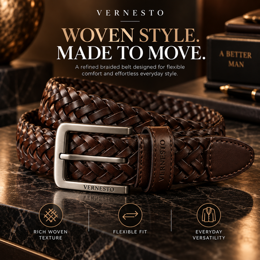 VERNESTO® Woven Brown Men’s Belt – Flexible Fit & Timeless Style