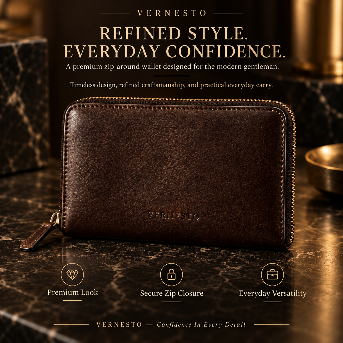 VERNESTO® Brown Zip-Around Men’s Wallet – Secure Everyday Carry