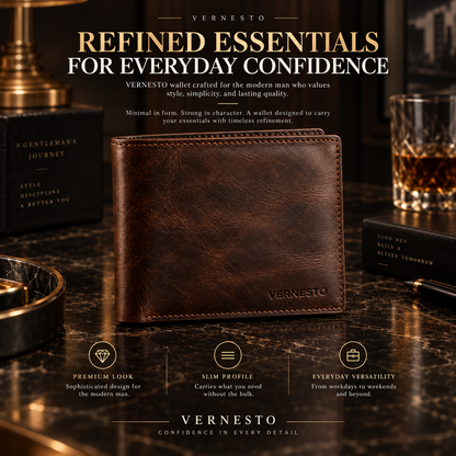 VERNESTO® Vintage Brown Slim Bifold Men’s Wallet – Refined Everyday Carry