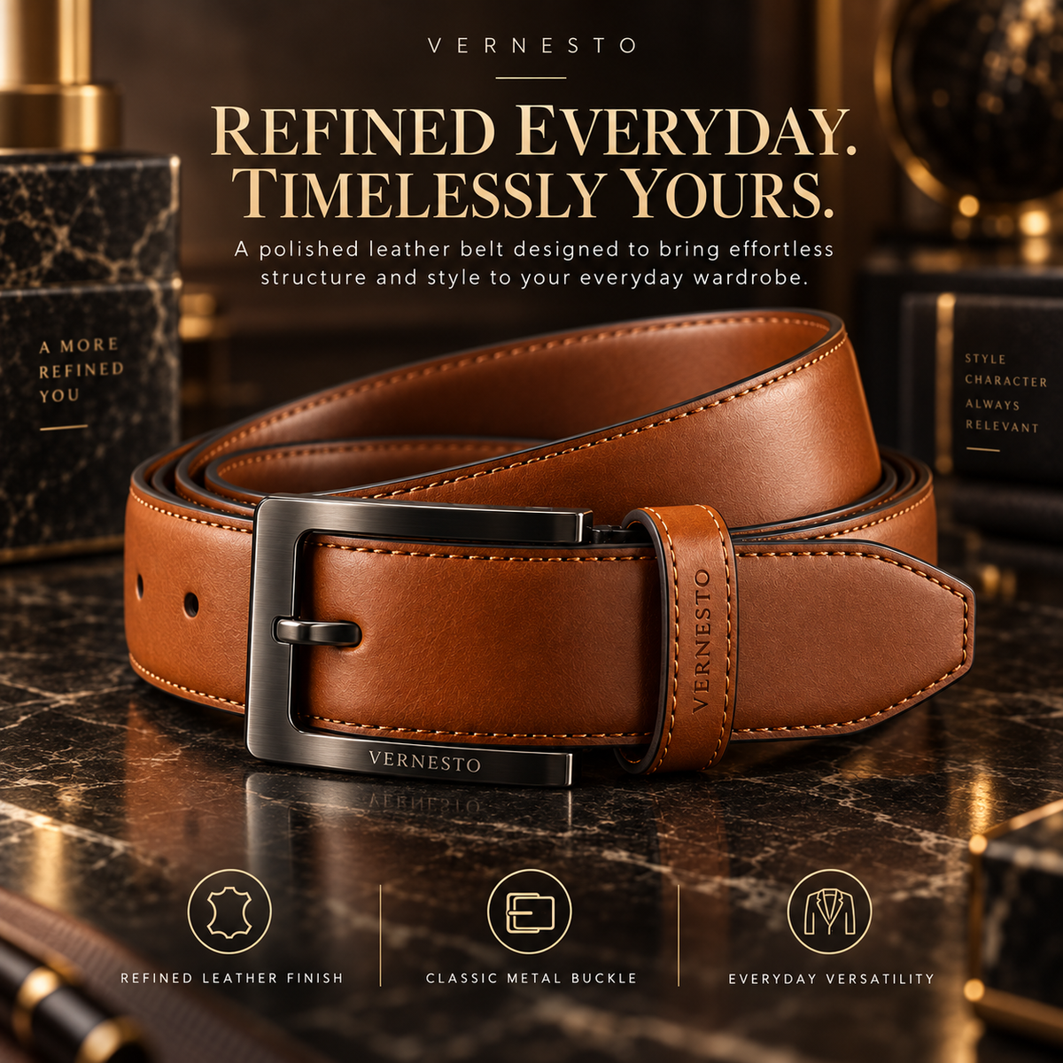 VERNESTO® Cognac Brown Men’s Belt – Refined Business & Everyday Style