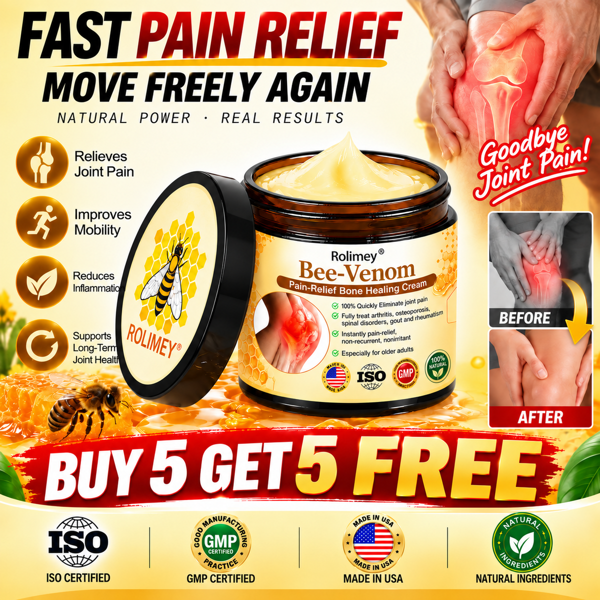 🌟👨‍⚕️🦴Official Shop:Rolimey® Bee Venom Pain Relief Bone Healing Cream 👨‍⚕️(Reduction of joint swelling, pain, stiffness, redness, heat, muscle soreness and joint fatigue)