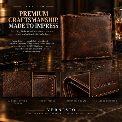 VERNESTO® Vintage Brown Slim Bifold Men’s Wallet – Refined Everyday Carry