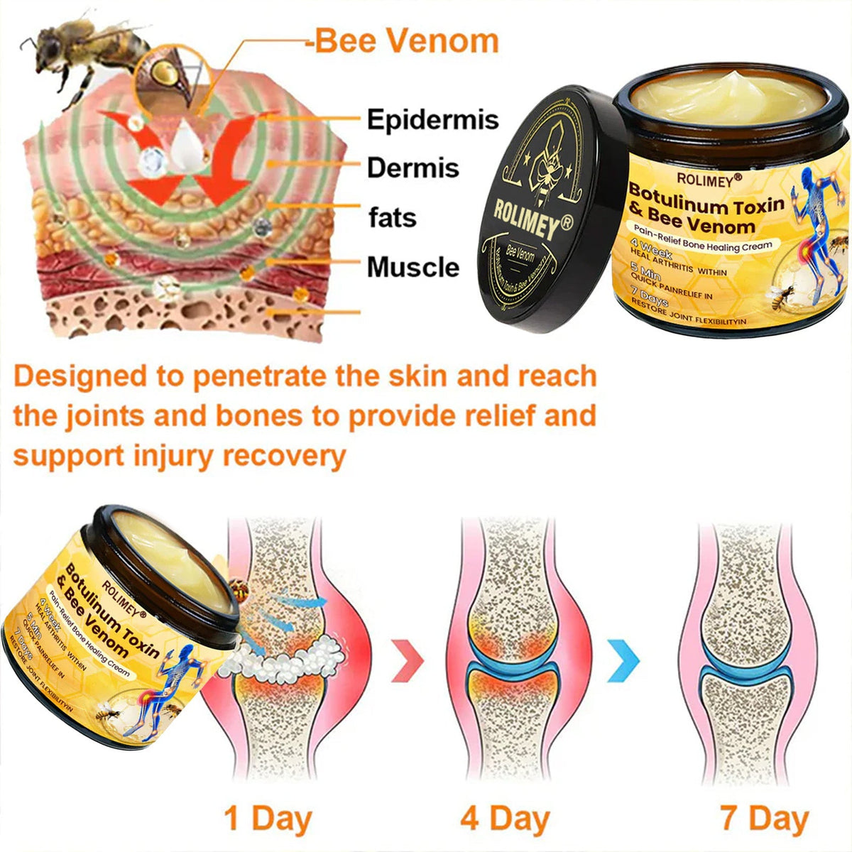 🎄🎁 Early Christmas Special|🌟Official Shop:Rolimey® Bee Venom Pain Relief Bone Healing Cream 👨‍⚕️(Reduction of joint swelling, pain, stiffness, redness, heat, muscle soreness and joint fatigue)
