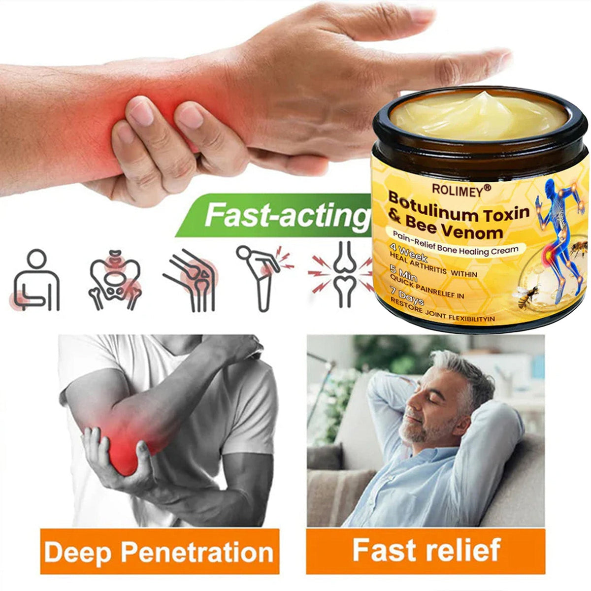 🎄🎁 Early Christmas Special|🌟Official Shop:Rolimey® Bee Venom Pain Relief Bone Healing Cream 👨‍⚕️(Reduction of joint swelling, pain, stiffness, redness, heat, muscle soreness and joint fatigue)