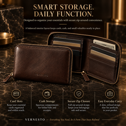 VERNESTO® Brown Zip-Around Men’s Wallet – Secure Everyday Carry