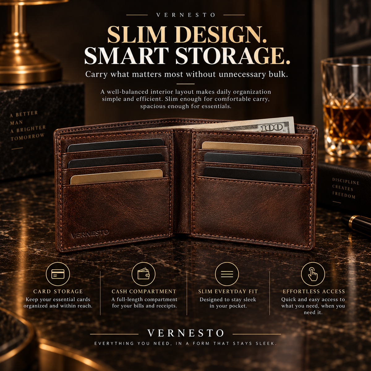VERNESTO® Vintage Brown Slim Bifold Men’s Wallet – Refined Everyday Carry