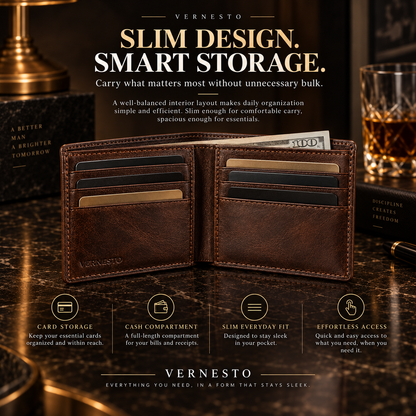 VERNESTO® Vintage Brown Slim Bifold Men’s Wallet – Refined Everyday Carry