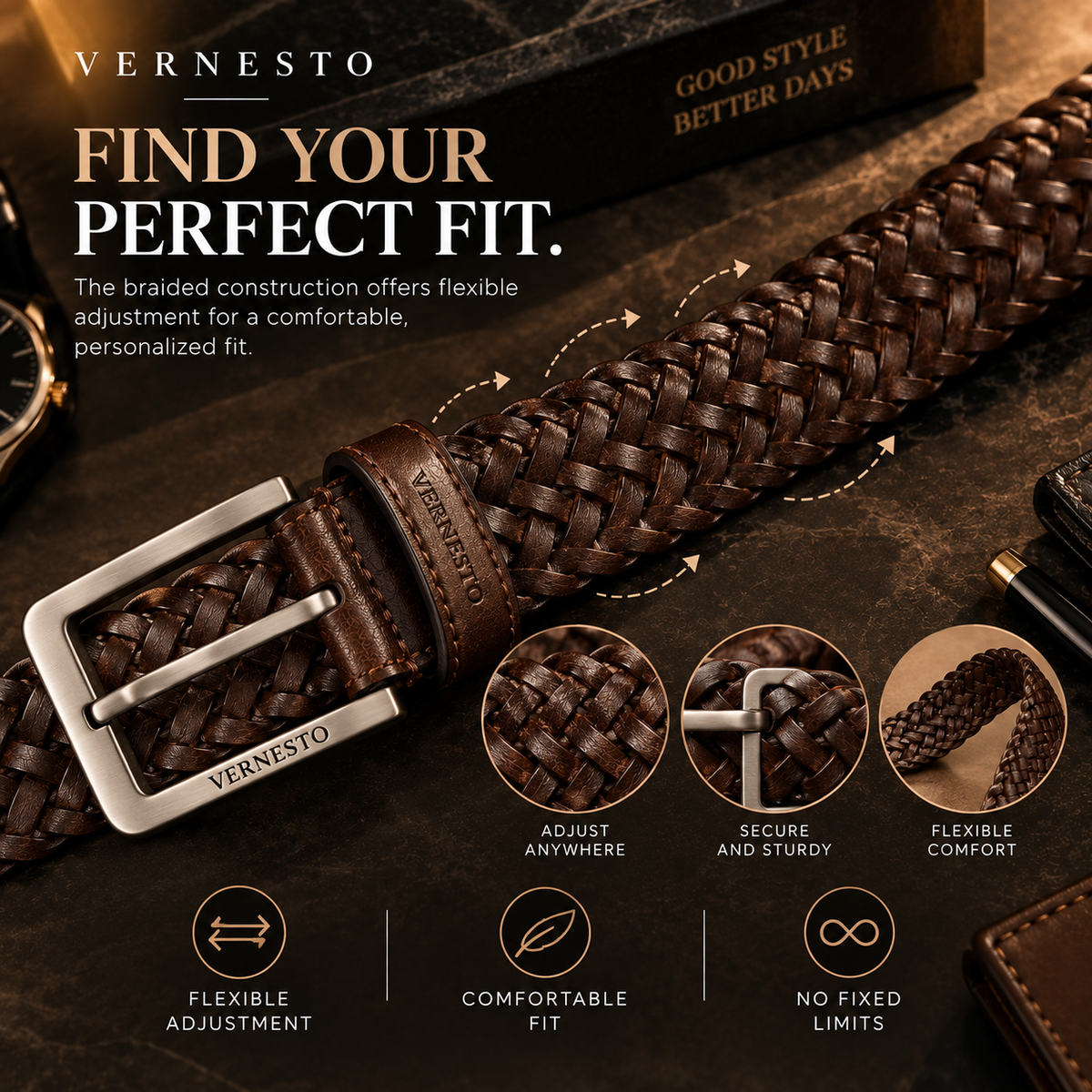 VERNESTO® Woven Brown Men’s Belt – Flexible Fit & Timeless Style