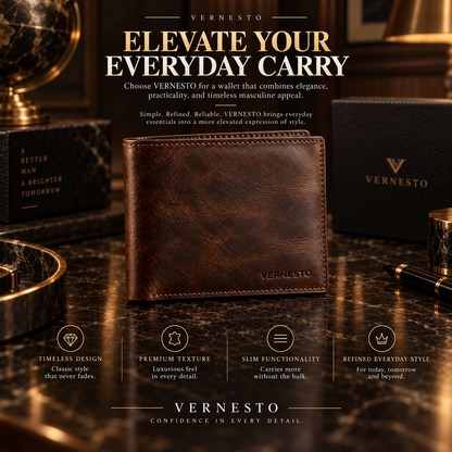 VERNESTO® Vintage Brown Slim Bifold Men’s Wallet – Refined Everyday Carry
