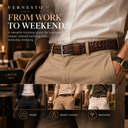 VERNESTO® Woven Brown Men’s Belt – Flexible Fit & Timeless Style