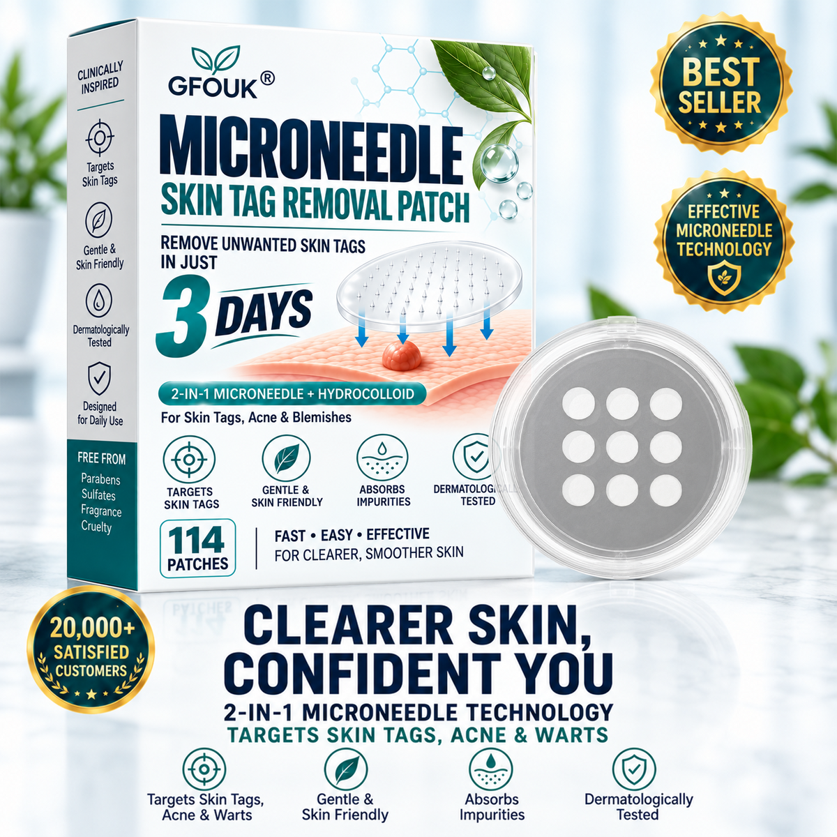 🎁👨‍⚕️GFOUK® 2026 Newly Upgraded 2-in-1 Microneedle Hydrocolloid Patches🍀  | Removes Raised Moles, Acne, Flat Warts, and Skin Tags | Improves Wrinkles, Scars, and Blemishes | Invisible Acne Patches for Face & Body