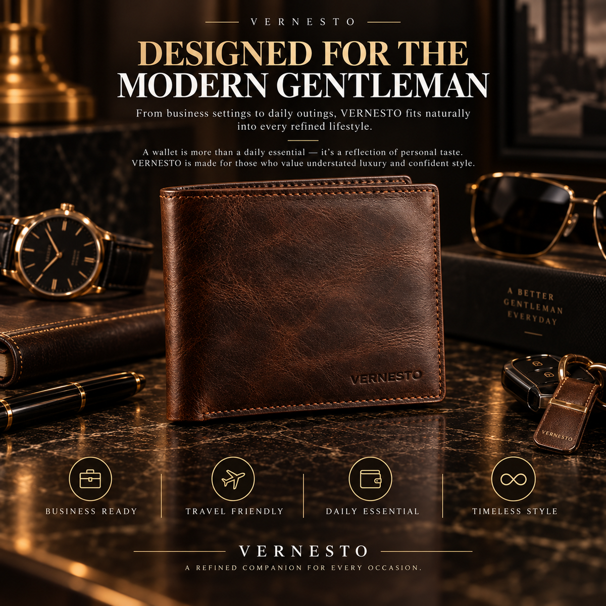 VERNESTO® Vintage Brown Slim Bifold Men’s Wallet – Refined Everyday Carry