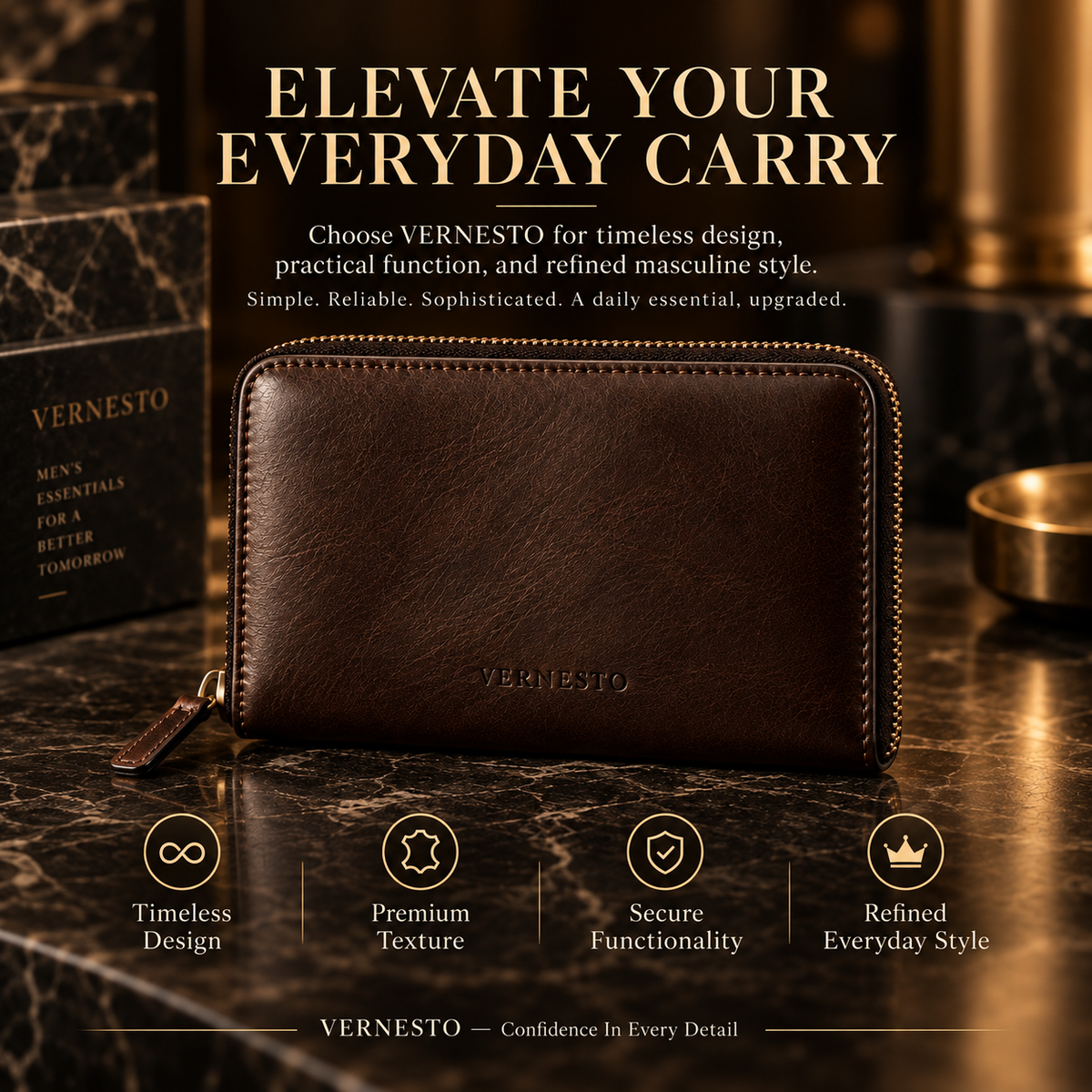VERNESTO® Brown Zip-Around Men’s Wallet – Secure Everyday Carry